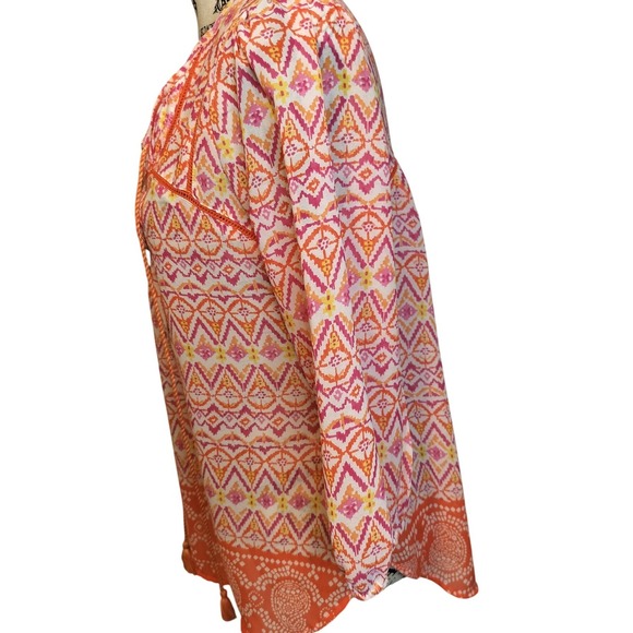 Red Camel Orange Pink Ikat Boho Peasant Top Tassel Tie Crochet Trim Women's M - Picture 3 of 9